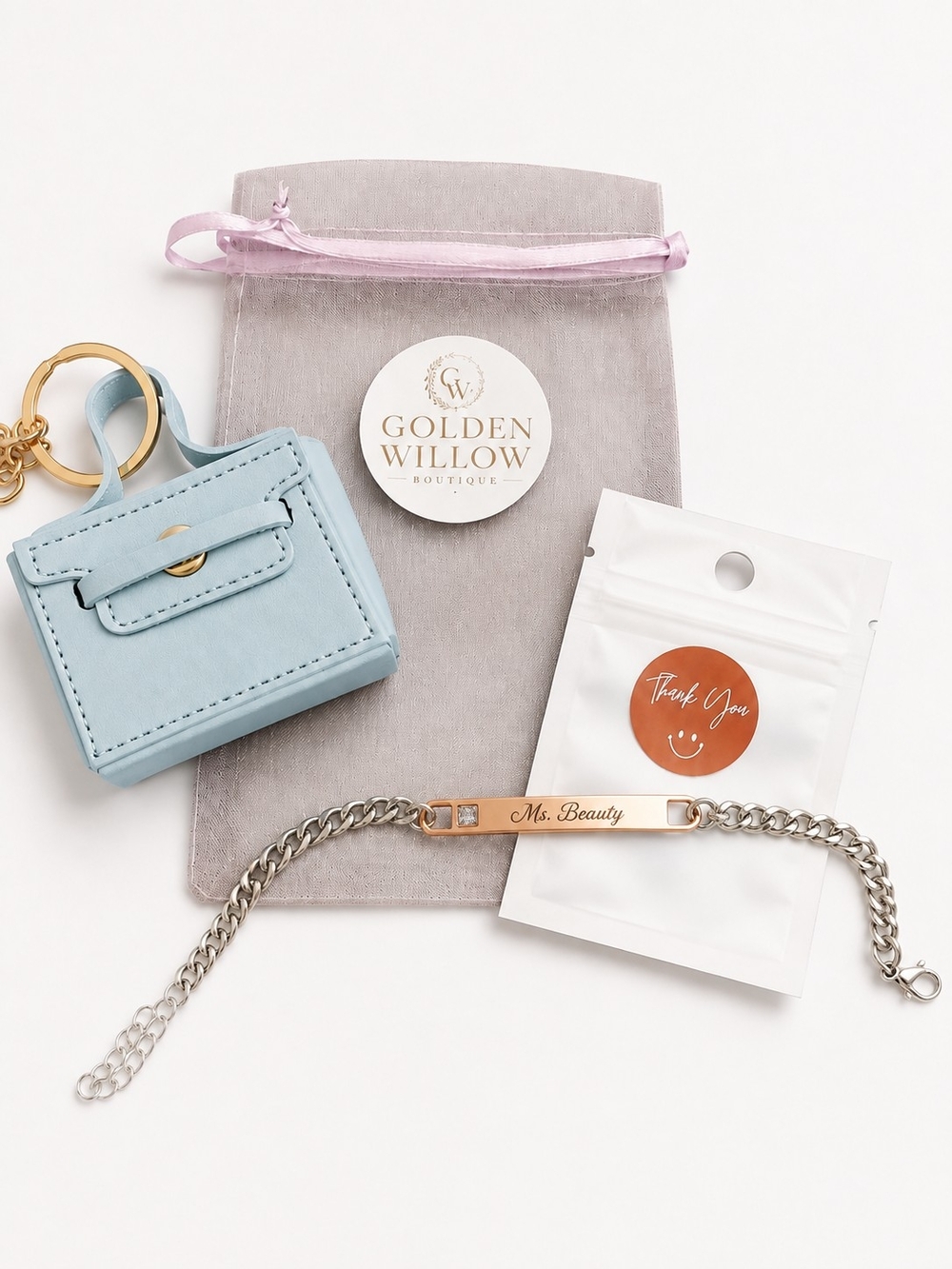 Blue Faux Leather Mini Purse Key & Card Holder with Cute Ms. Beauty Bracelet